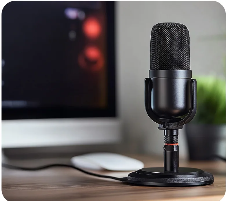 Podcast-Mikrofon auf einem Schreibtisch vor einem Bildschirm