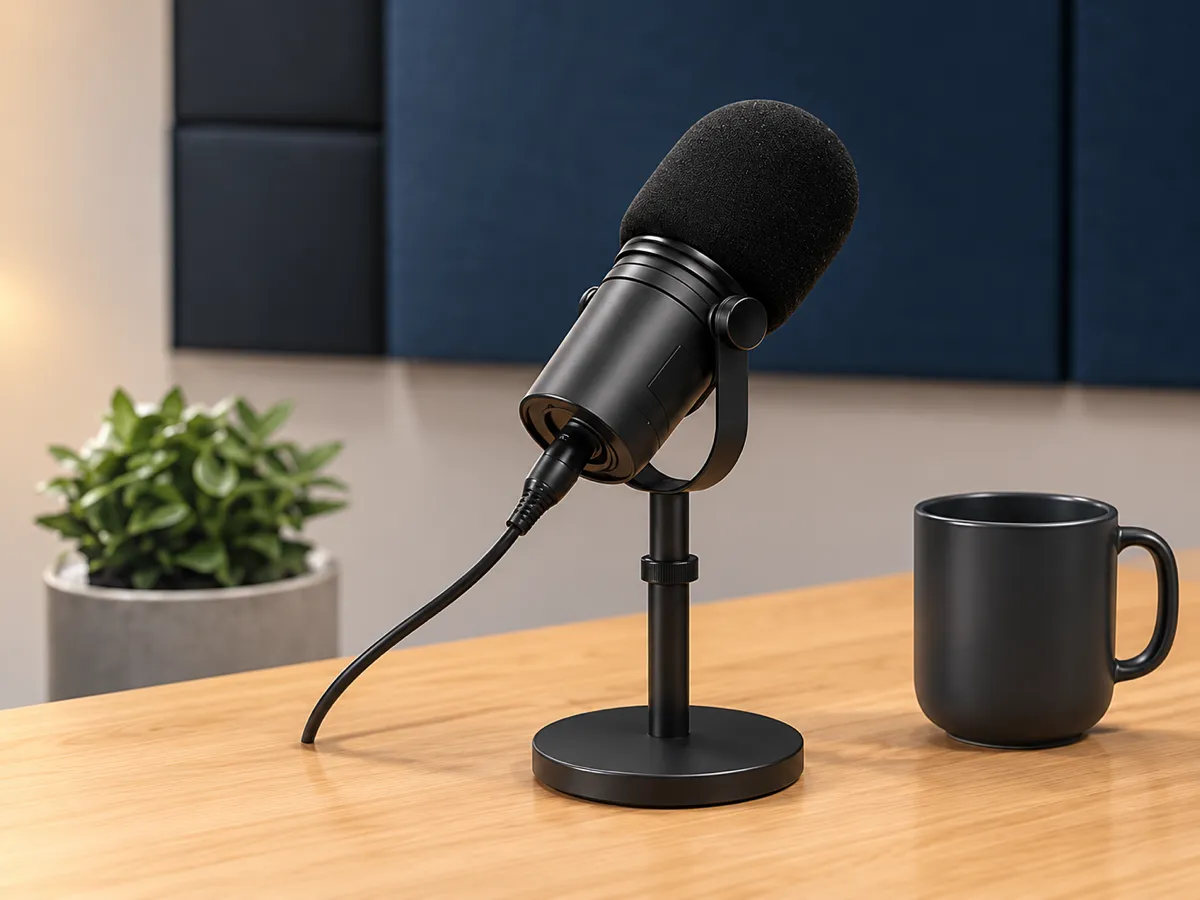 Podcast-Mikrofon und Kaffeetasse auf einem Holztisch